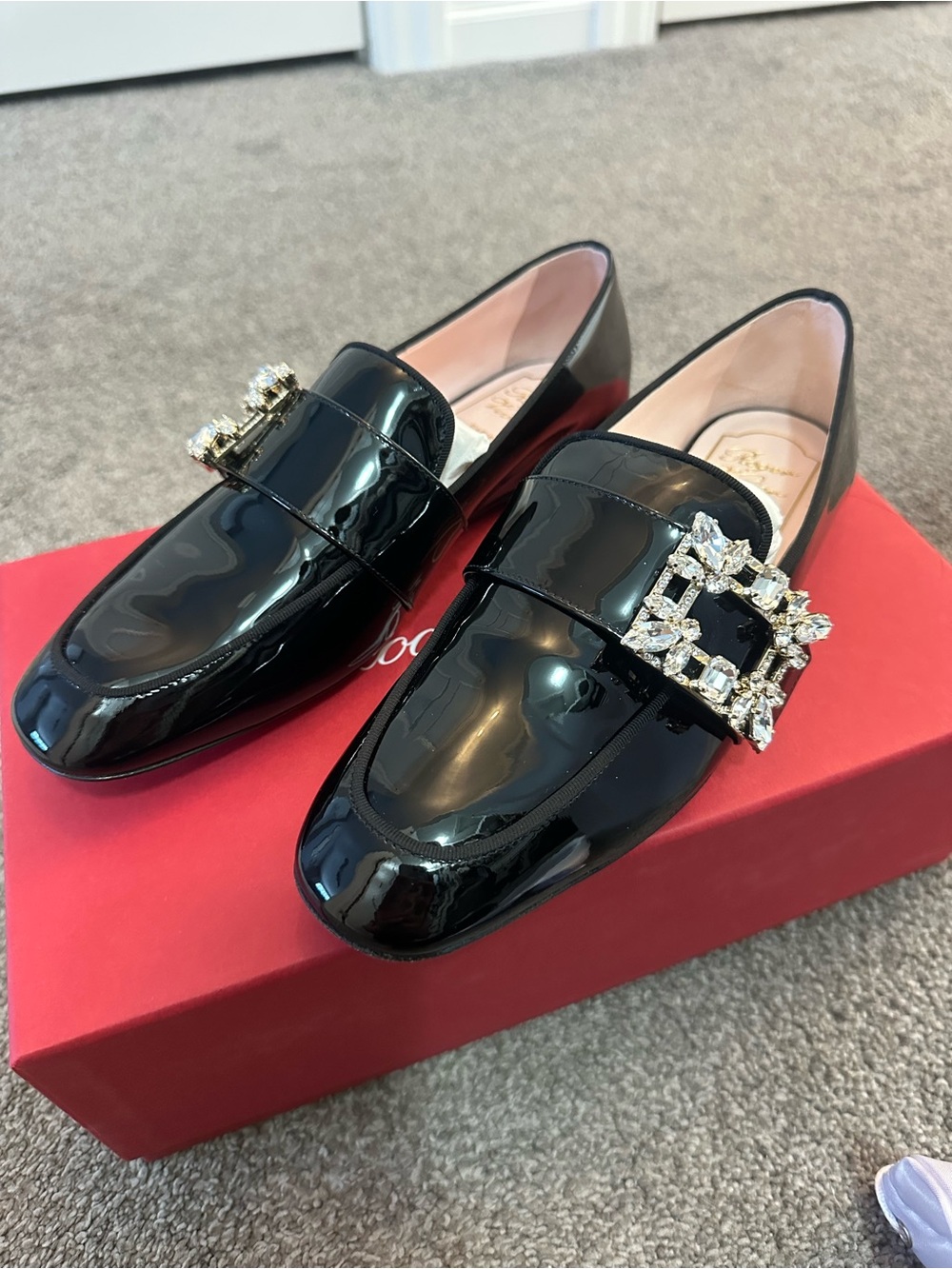 Roger Vivier Black Patent Crystal-Buckle Loafers